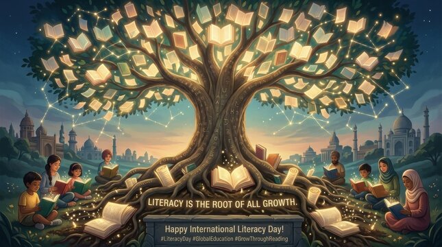 Epic illustration of a glowing tree growing from an open book with children reading beneath it