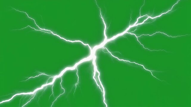 Bright white lightning bolts branch out across a solid vibrant green background.