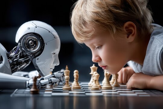 Child engages in chess match against robotic opponent in a futuristic setting