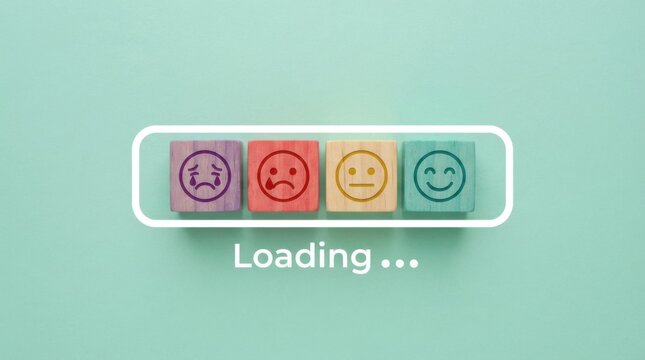 Mental health check in concept with mood faces blocks on a light green background loading bar