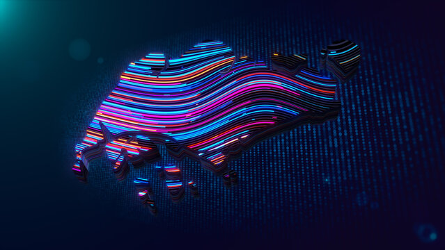 Futuristic Singapore map created with glowing multicolor wavy extruded lines over a digital blue particle grid background featuring depth of field, light flare, and abstract technology styling.