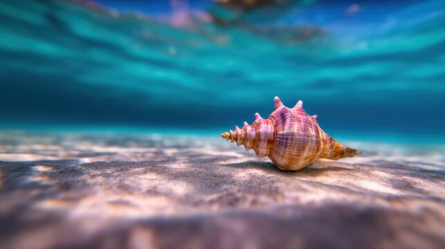 A beautiful seashell resting on sandy ocean floor, surrounded by clear turquoise water