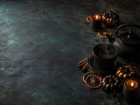 Halloween copy space background with textured stone, teapot, teacup, hot steam, black pumpkins, candles, dried fruit for spooky greeting card design