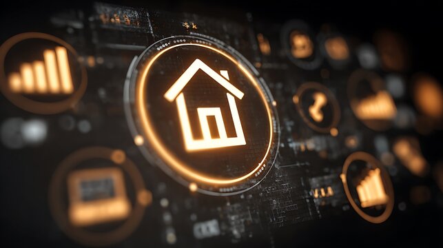 Virtual home buying and selling process with interactive icons like key, sale