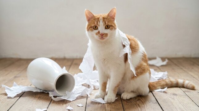 Mischievous cat sitting amidst a mess of torn paper and an overturned vase.