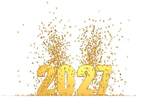 3D Render of Golden 2027 Numbers with Falling Confetti Isolated on Transparent Background for New Year Celebration