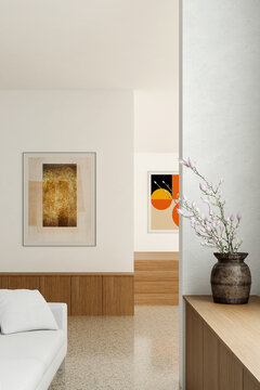 3D render, illustration Large Luxury modern living room interior,  brutalist architecture realistic lighting,  Graphic Overlay wide angle, contemporary furniture, clean lines, minimalist decor, elegan