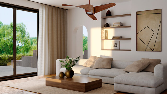 3D render, illustration Large Luxury modern living room interior,  brutalist architecture realistic lighting,  Graphic Overlay wide angle, contemporary furniture, clean lines, minimalist decor, elegan