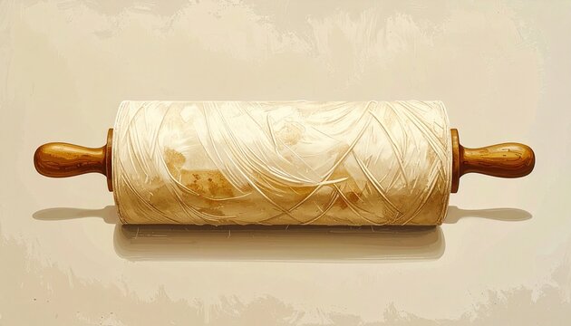 Vintage Wooden Rolling Pin with Carved Pattern on Beige Background.
