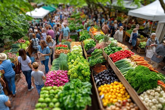 Crowded outdoor farmers market with colorful produce