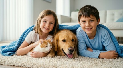 Fototapeta na wymiar Two happy children and their pets a dog and a cat lying on a rug.