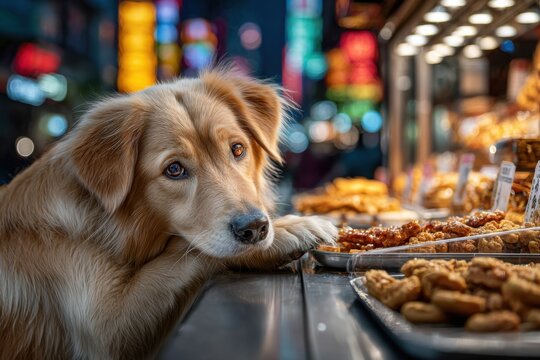 Golden Retriever Gazing at Food Stall Treats