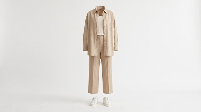 Beige oversized trench coat with matching trousers and white sneakers.