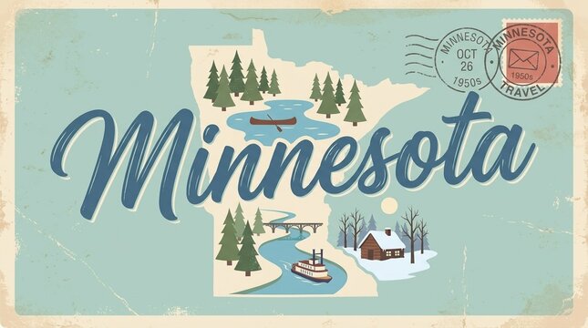 Vintage Minnesota Travel Poster Art: Classic State Map Illustration with Lakes, Forests, Rivers, and Winter Cabin Scene