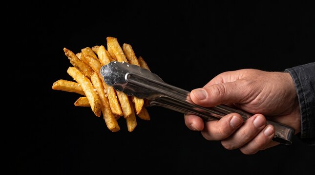 Person hand using metal kitchen tongs to pick up a bundle of crispy golden salted french fries against a dark black backdrop