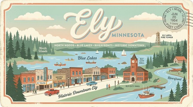 Vintage Ely, Minnesota Travel Postcard: Scenic North Woods, Blue Lakes, Historic Downtown & Quaint Riverfront Charm