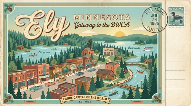 Vintage Ely, Minnesota Travel Postcard: Gateway to the BWCA. Retro illustration of Northwoods town, canoeing lakes, pine forests, and classic 1965 charm