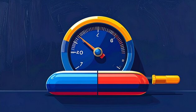 Colorful speedometer gauge and pencil on dark background.