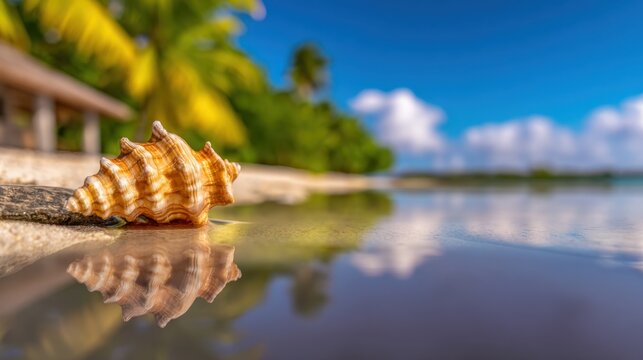 A close-up of a conch shell resting on a tranquil beach, with calm waters and palm trees