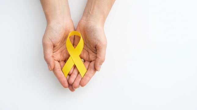 Hand holding yellow ribbon for awareness on white background banner