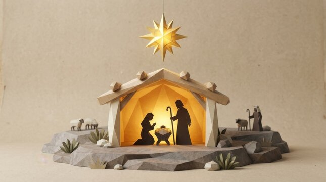 Miniature nativity scene with mary joseph and baby jesus under a glowing star