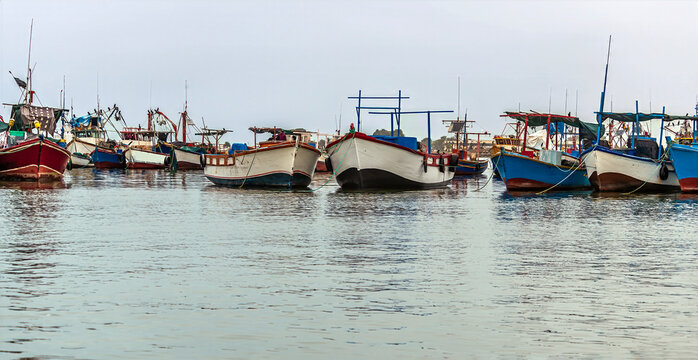A close up view of fishing boats moored in Paracas Bay in Paracas, Peru in the dry season