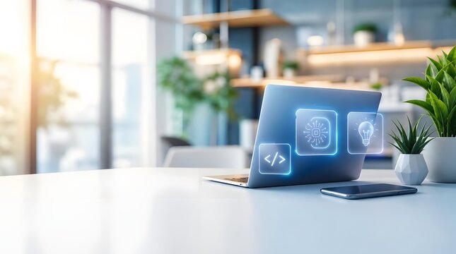 Modern Workspace with Digital Technology Icons and Copy Space for International Youth Day Innovation Concept