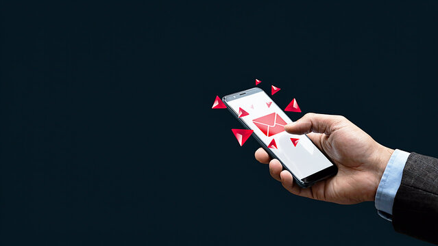 Hand holding smartphone with red email icons, showing digital communication and incoming mail notification on dark futuristic background