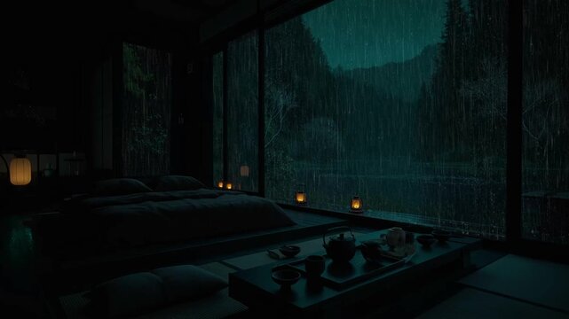 Japanese Bedroom Rain at Night Window View Relaxing Video
