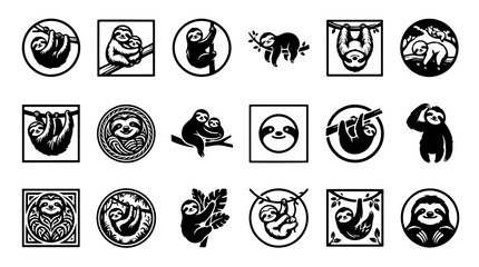 Fototapeta premium Set of black and white sloth icons in various poses and frames for wildlife design elements, minimalist vector illustrations of cute sloths hanging on branches and sitting for creative projects