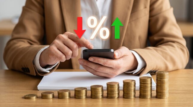 Financial growth chart with percent symbol, businessperson using smartphone, stacked coins on wooden desk. Investment concept