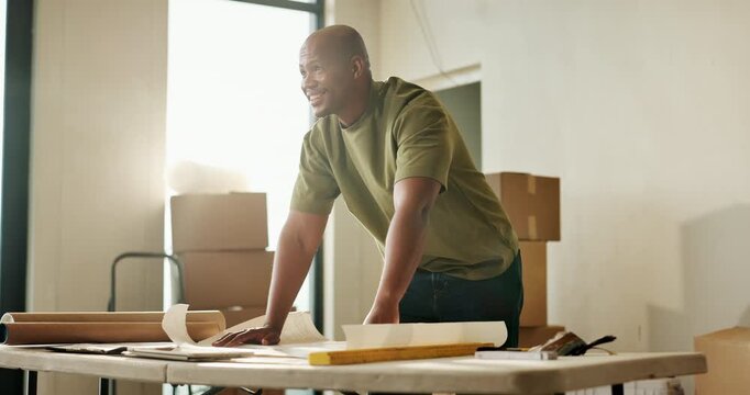Man, new home or blueprint for renovation, smile and real estate with inspiration for layout design. Black person, document or architectural planning at house, building upgrade or remodeling property