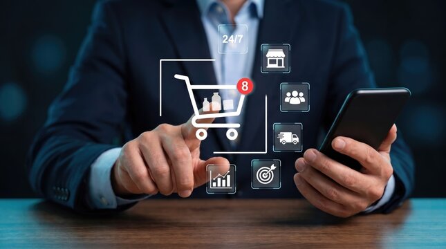 E-commerce online shopping concept with digital interface, businessman using smartphone for mobile commerce, virtual retail icons and shopping cart
