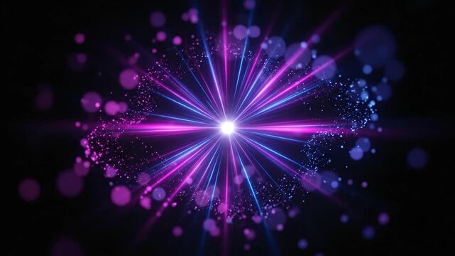 Abstract glowing star burst with pink and blue light rays and particles on dark background
