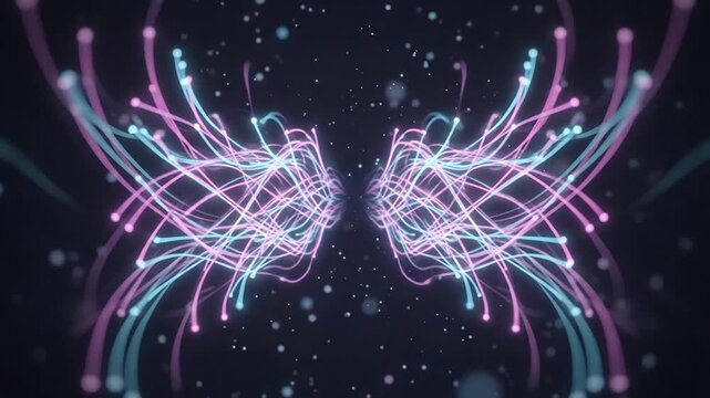 Abstract pink and blue glowing fiber optic lines forming wing shapes on a dark background