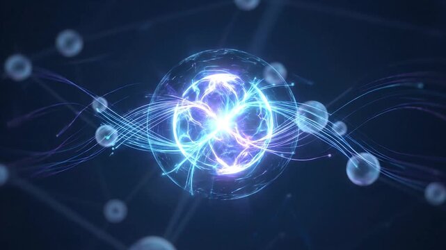 Glowing blue energy sphere with fiber optic light trails
