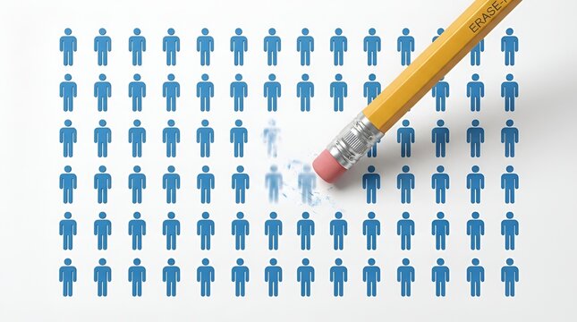 A yellow pencil with an eraser removing a blue human figure from a grid of identical people on a clean white background surface