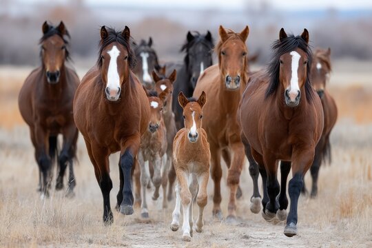 Herd of Wild Horses Running Across Open Field