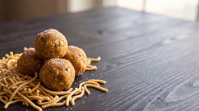 A pile of four golden-brown snack balls on a bed of thin noodles. The scene is set on a dark wooden surface with natural light coming from a window.