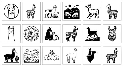 Naklejka premium Llama icon set in black and white minimalist style featuring various poses and patterns for graphic design and branding projects isolated on transparent background
