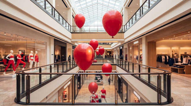 A modern shopping mall interior with large red heart-shaped balloons hanging from the ceiling. Retail stores are visible on both sides of the atrium.