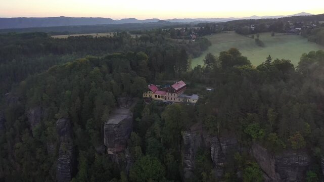 Aerial view of the historic Belvedere Viewpoint perched on sandstone cliffs above the Elbe River valley in Decin, Usti nad Labem Region, Czechia.