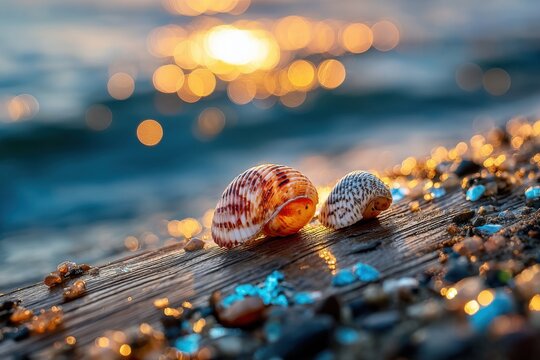 Seashells on driftwood at golden sunset beach