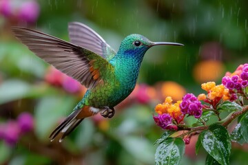 Fototapeta premium Vibrant Hummingbird Hovering Near Colorful Flowers in Gentle Rain