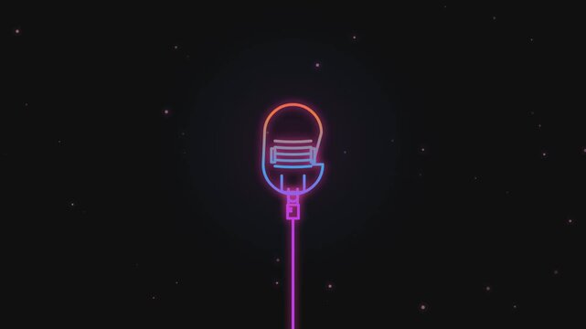 Neon gradient microphone icon animation glowing with particles in a dark abstract digital video motion