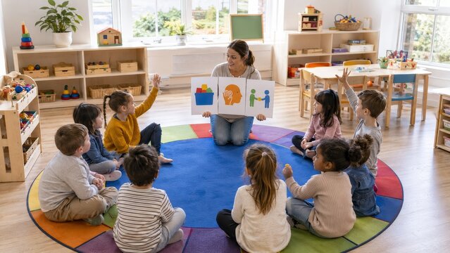 Preschool Teacher Teaching Active Listening and Sharing with Visual Cards During Circle Time