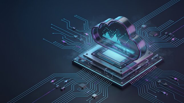 Cloud computing technology concept featuring a digital cloud icon over a computer microchip representing data processing and network infrastructure