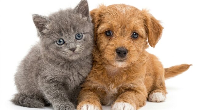 Adorable Kitten and Puppy Together on White Background.