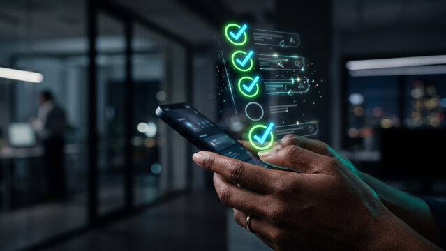 Concept illustration of mobile productivity and task completion, showing a hand using a smartphone with a glowing holographic checklist and green checkmarks