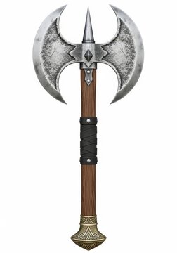 Medieval Double-Headed Battle Axe with Wooden Handle and Leather Grip Isolated on White Background